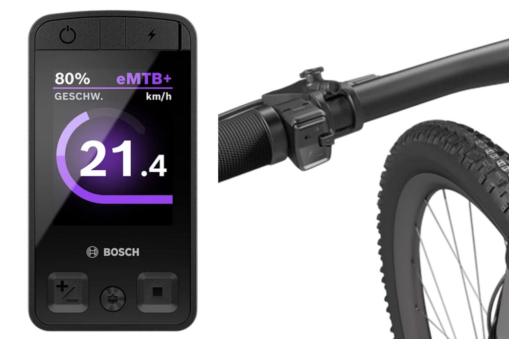 Bosch Kiox 400C integriertes E-Bike-Display, steuerbar direkt am Gehäuse über zwei Touch-Tasten oder den Mini Remote Dropbar am Lenker, zeigt Geschwindigkeit, Akkustand  und eMTB+ Fahrmodus auf einem modernen E-Mountainbike. 