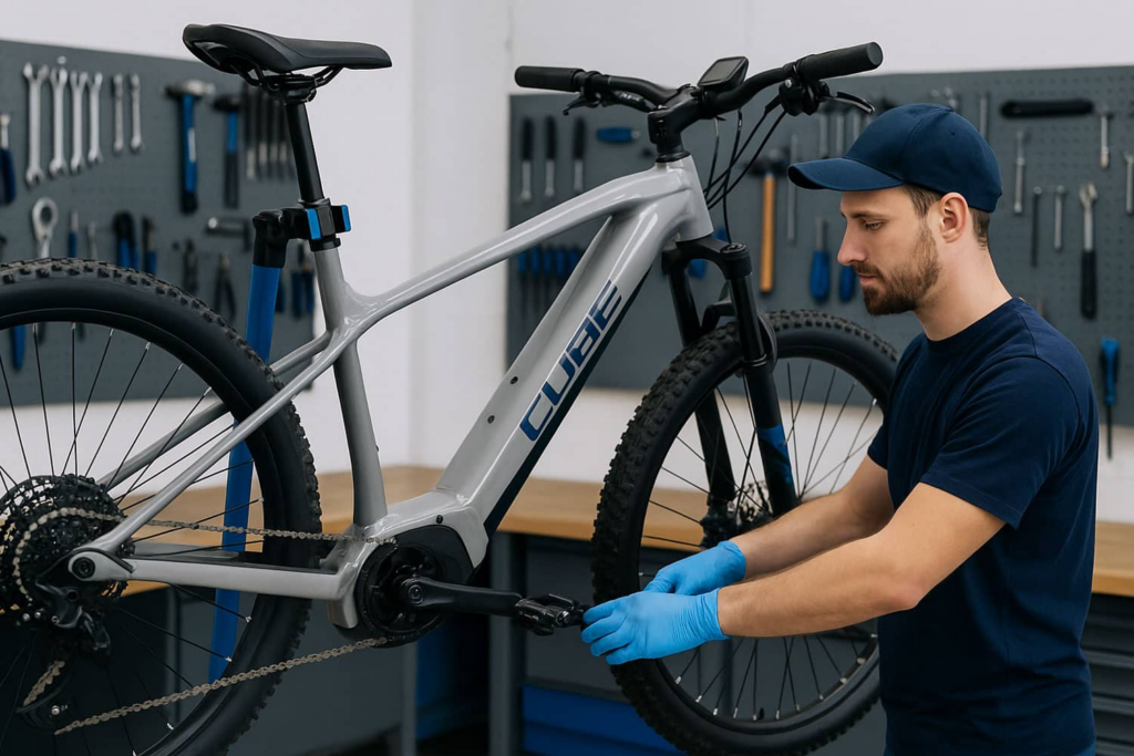 Ein Cube-Fahrrad während des Fahrrad-Services. Ein Mechaniker arbeitet daran.