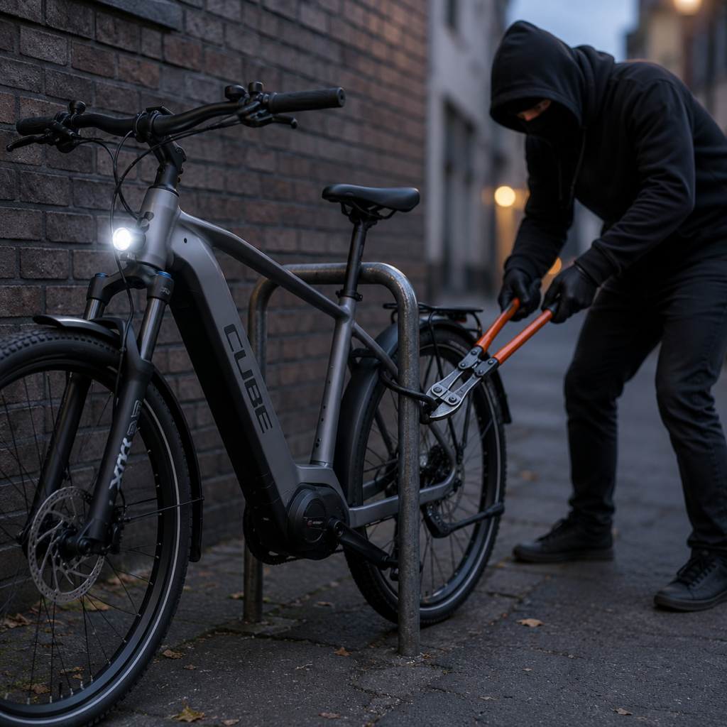 Mit einer Fahrrad Versicherung dein Fahrrad / E-Bike gegen Diebstahl schützen.
Ein maskierter Dieb versucht nachts in einer dunklen Seitenstraße ein modernes E-Bike mit einem Bolzenschneider von einem Fahrradständer zu stehlen. Das Fahrrad steht an einer Backsteinmauer und wird von einem hellen Frontlicht beleuchtet, wodurch eine dramatische und bedrohliche Stimmung entsteht.