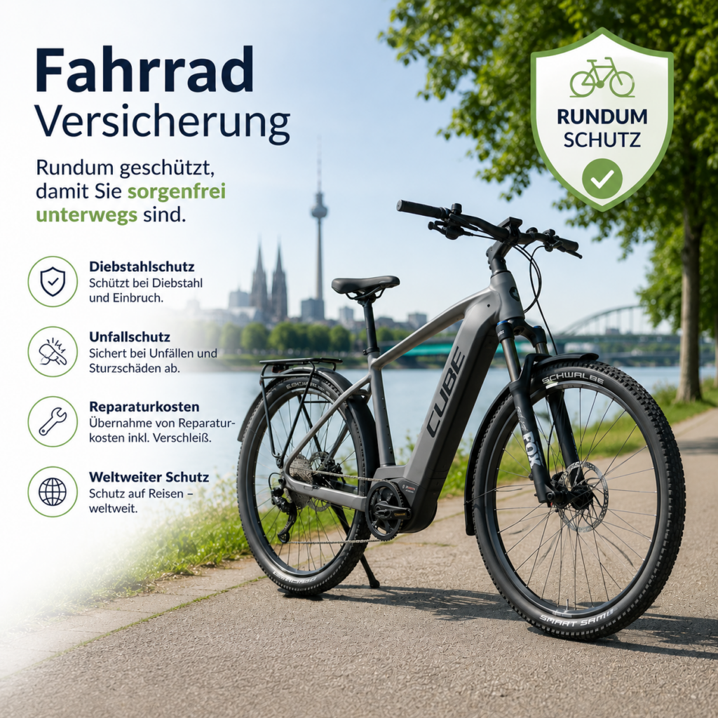 Wann lohnt sich eine Versicherung für dein E-Bike oder Fahrrad.
Im Bild sieht man ein E-Bike und den Text. Fahrrad Versicherung, Rundum geschützt damit Sie sorgenfrei unterwegs sind.
Diebstahlschutz, Unfallschutz, Reparaturschutz