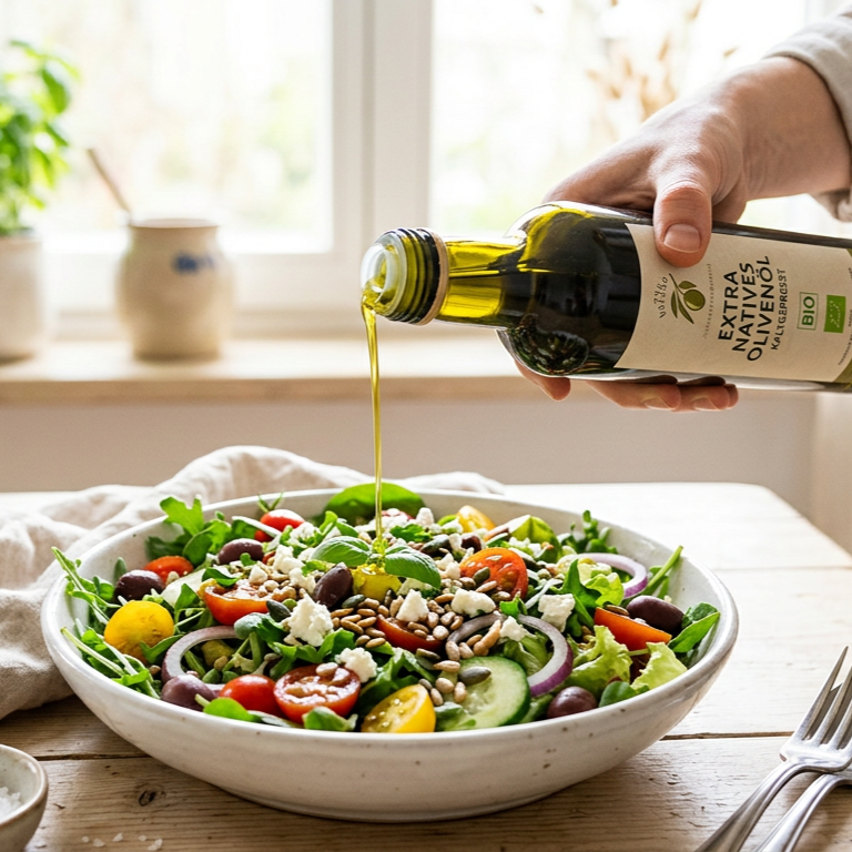 Frischer Salat mit Gemüse, Nüssen und Feta wird mit Olivenöl verfeinert, gesunde Ernährung mit hochwertigen Fetten und Vitaminen für Sport und Alltag