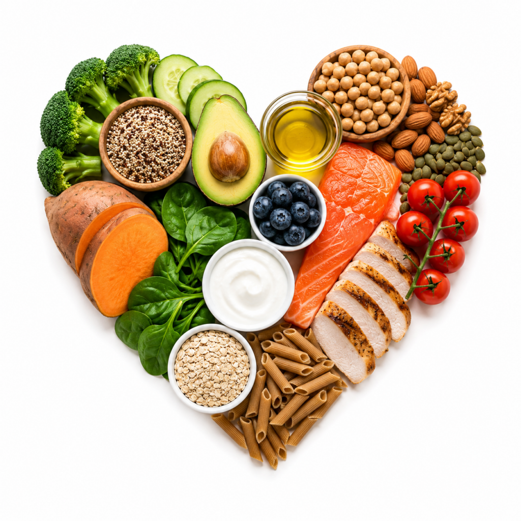 Ausgewogene Lebensmittel wie Lachs, Avocado, Nüsse, Hülsenfrüchte, Haferflocken und Gemüse für eine vollwertige Ernährung und optimale Versorgung im Sport