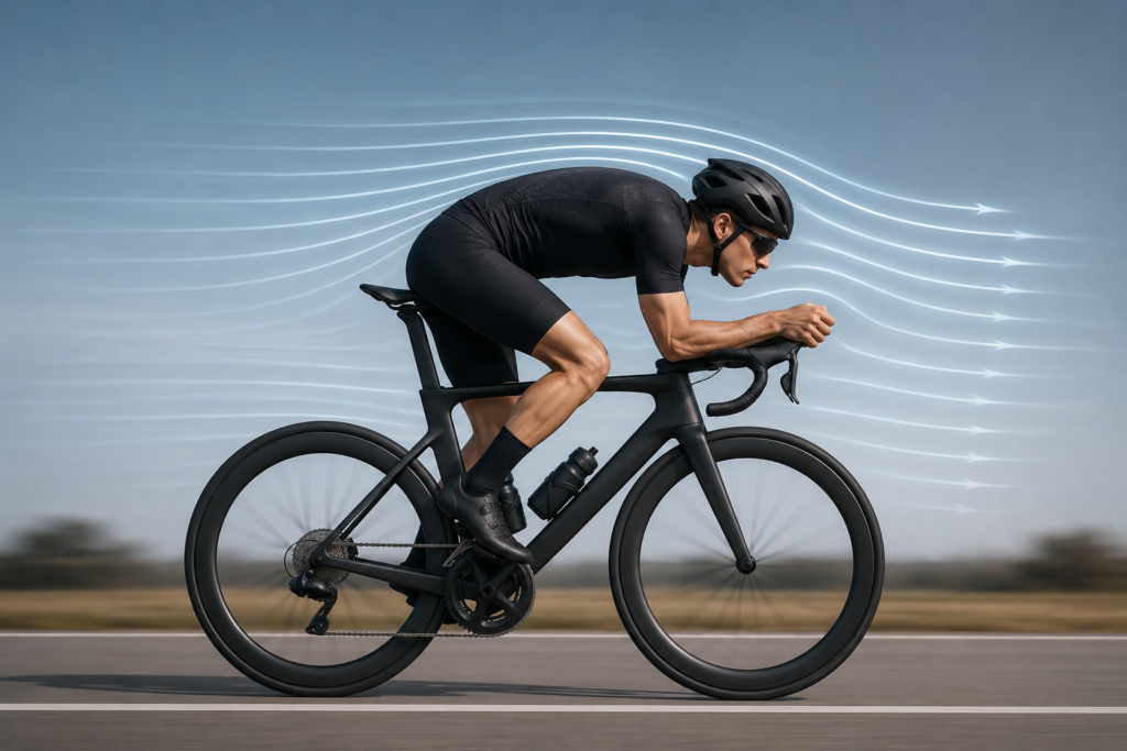 Die Fahrposition auf dem Rennrad st eher gestreckt und aerodynamisch angepasst. 
