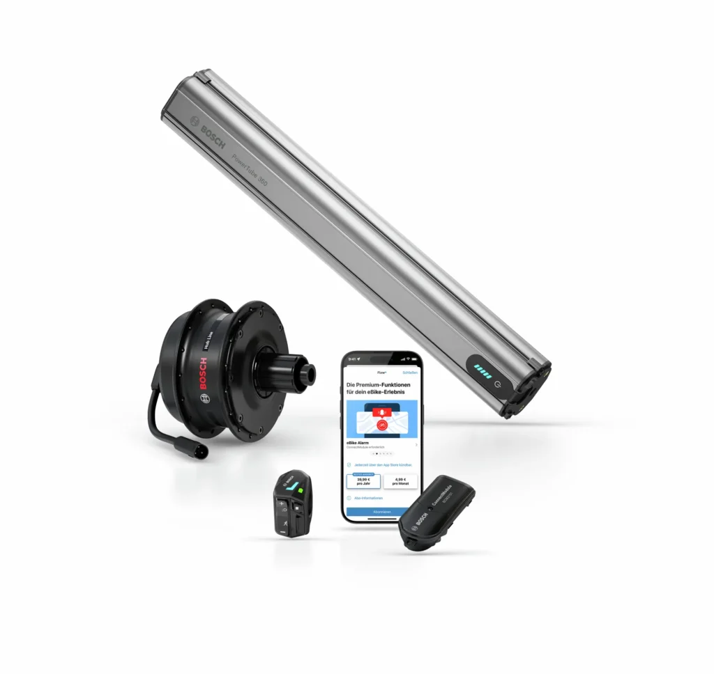 Produktabbildung der Bosch E-Bike Neuheiten für City E-Bikes mit dem neuen Bosch Hub Line Nabenmotor, dem Bosch PowerTube 360 Akku, der eBike Flow App auf dem Smartphone, Mini Remote Bedieneinheit sowie dem Bosch ConnectModule für smarte Konnektivität und Diebstahlschutz.