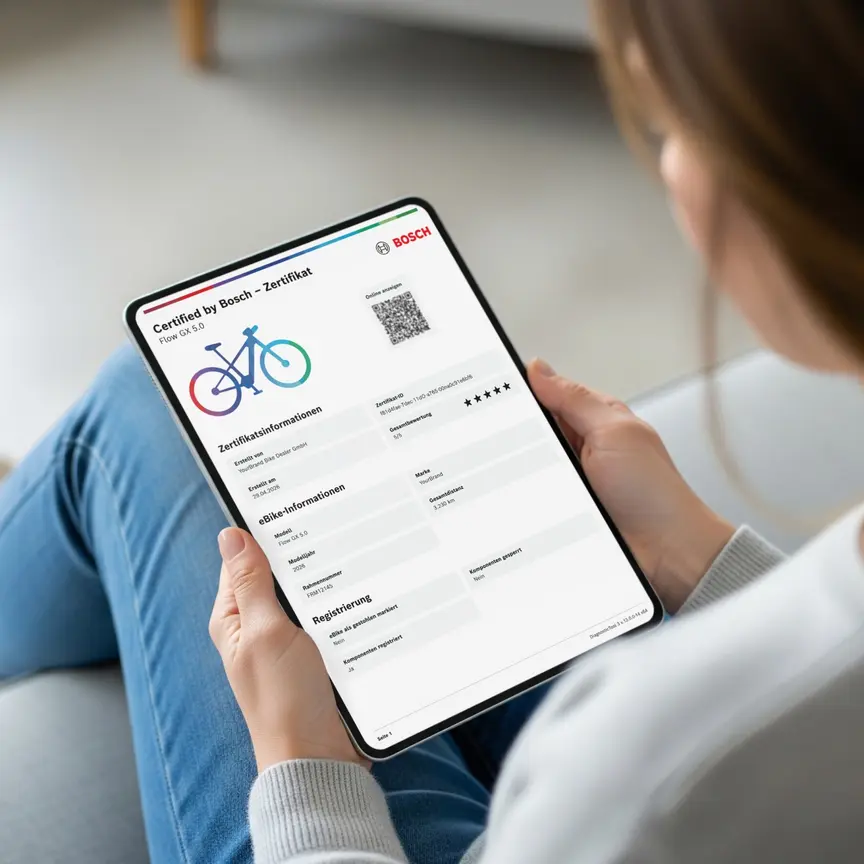 Tablet mit ‚Certified by Bosch‘ Zustand-Zertifikat für ein gebrauchtes E-Bike, zeigt digitale Bewertung, Registrierungsdaten und Fahrzeuginformationen für mehr Transparenz beim E-Bike-Kauf