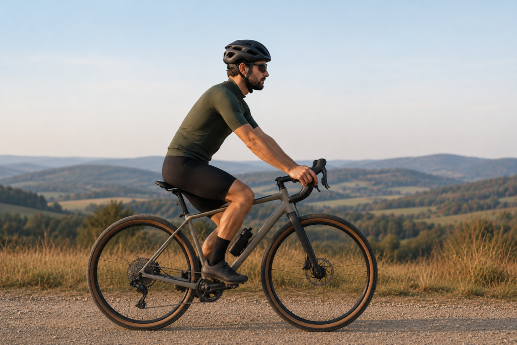 Seitenansicht einer Person auf einem Gravel-Bike in einer komfortablen, leicht aufrechten Sitzposition. Der Oberkörper ist moderat nach vorn geneigt, die Arme sind entspannt angewinkelt und die Hände liegen auf den Bremsgriffen des Rennlenkers. Das Fahrrad steht auf einem Schotterweg vor einer sanften Hügellandschaft bei klarem Wetter.