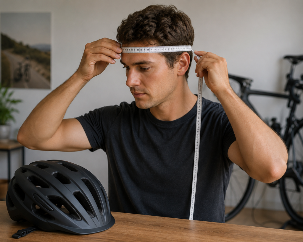 Kopfumgang messen um die Richtige Fahrradhelm-Größe zu finden. Im Bild sieht man einen Mann der mit einem Massband seinen Kopfumfang misst 