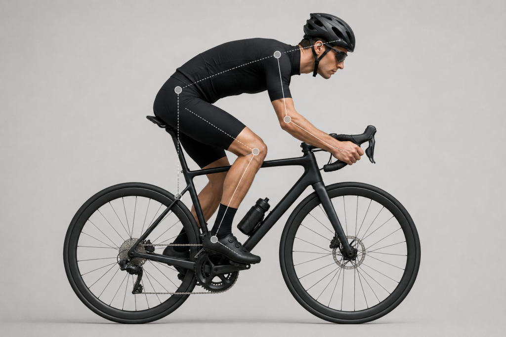 Sitzposition und Rahmengeometrie bei Rennrädern. Bei den verschiedenen Arten von Rennrädern ändert sich auch die Sitzposition am Rennrad.
Im Bild sieht man einen Mann der auf einem Rennrad sitzt.