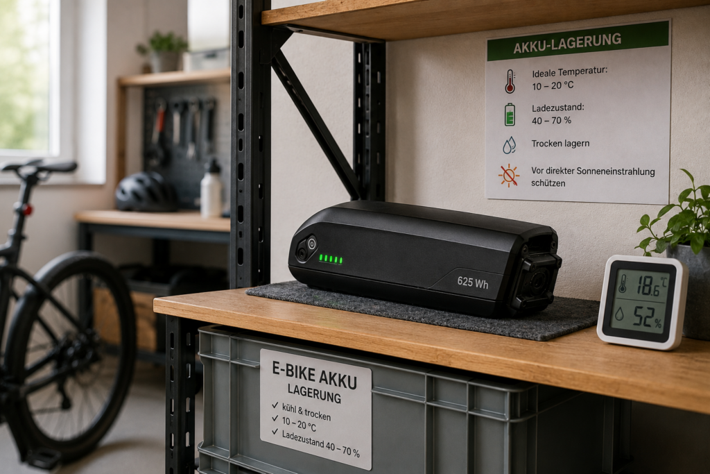 Im Bild sieht man einen E-Bike Akku der in einem Schrank steht und dort vor der Hitze geschützt gelagert wird 