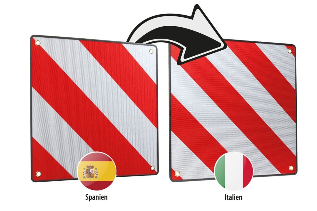 Warntafel für den Transport von Fahrrad oder E-Bike auf dem Auto Fahrradträger. 
Im Bild sieht man die Kombi Warntafel für Spanien und Italien 