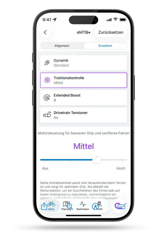 Die Bosch eBike Flow App (ab Version 1.38) zeigt in den erweiterten Einstellungen des Fahrmodus eMTB+ Konfigurationsoptionen für den Motor, wie Traktionskontrolle.