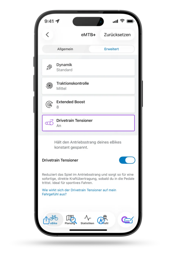 Der im Bild gezeigte Drivetrain Tensioner in der Bosch eBike Flow App spannt den Antriebsstrang deines E-Bikes vor