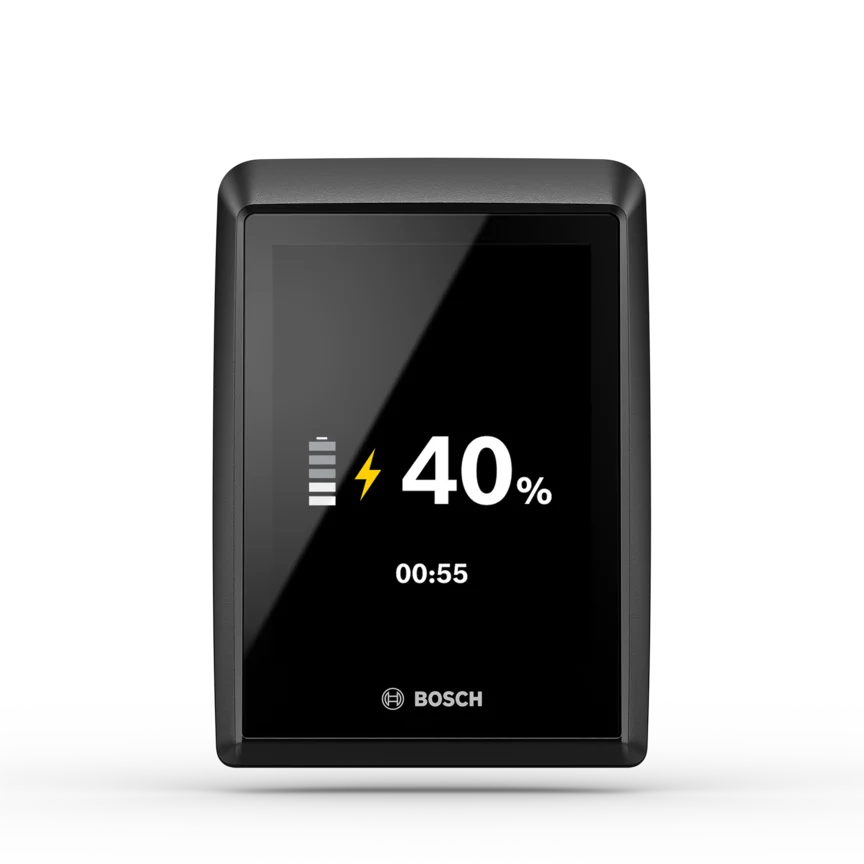 Das Bild zeigt ein Bosch E-Bike-Display, das im Ladezustand anzeigt, dass der Akku bei 40 % Ladestand ist und noch 00:55 Stunden/Minuten bis zur vollständigen Aufladung benötigt